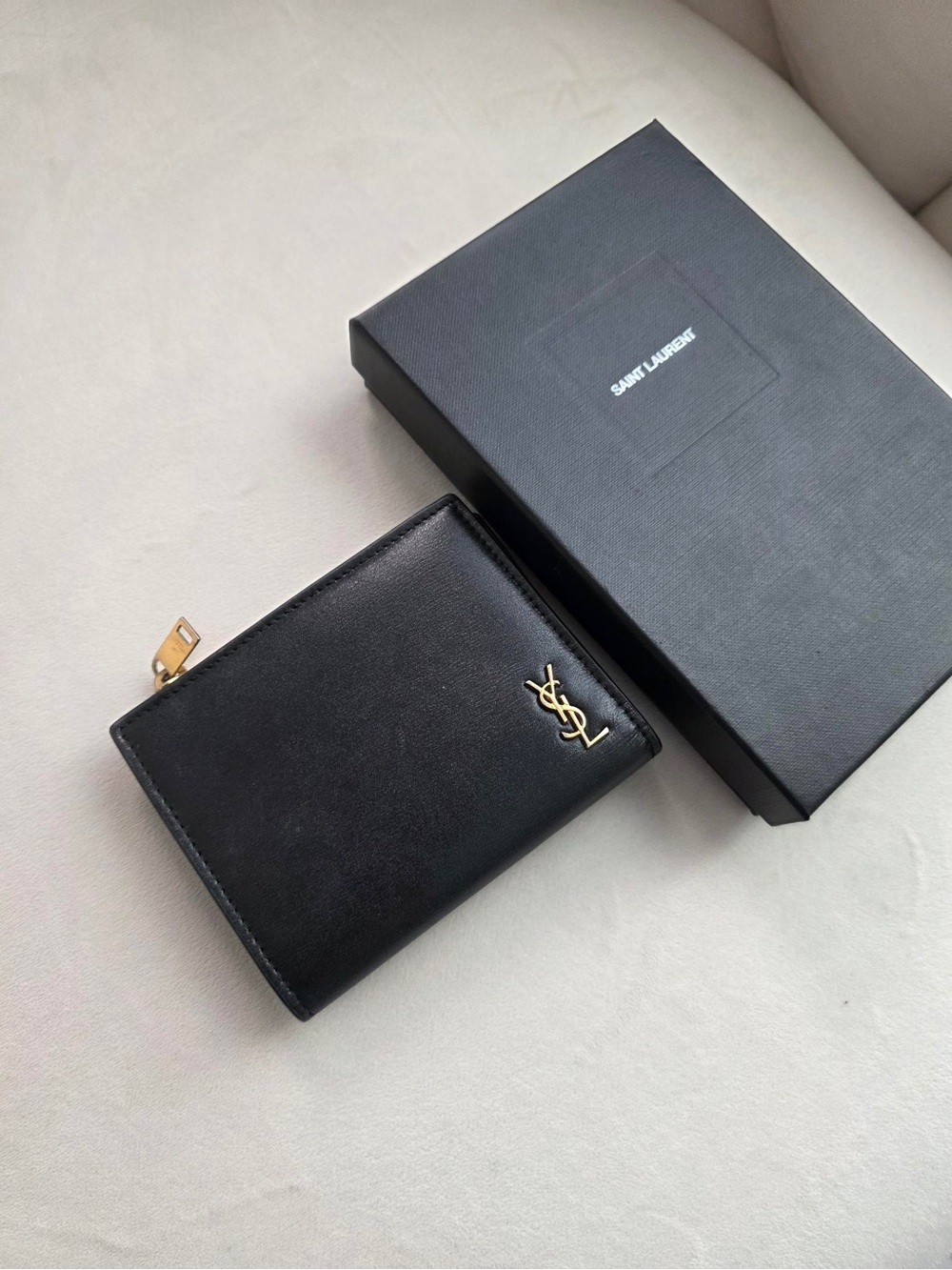 Saint Laurent Black Leather Zip Card Holder with Gold YSL Logo